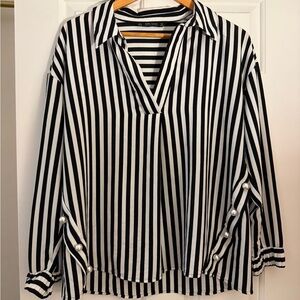 ZARA Black and White Striped Top with Pearl Accents